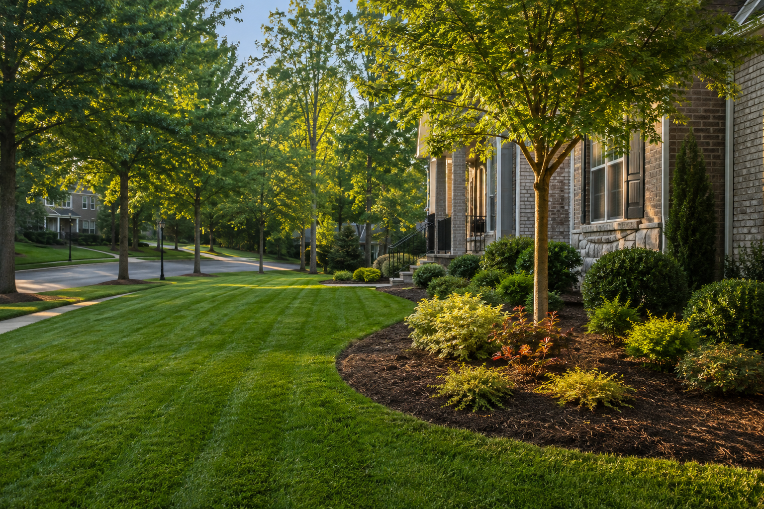Freshly maintained lawn and landscaped flower beds in a leafy neighborhood